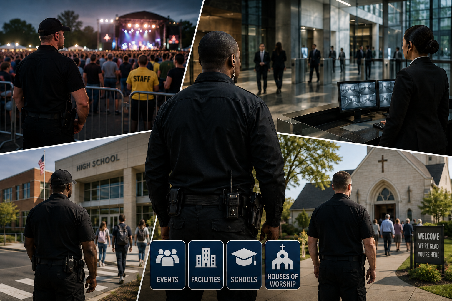 Professional event, facility, and institutional security services.